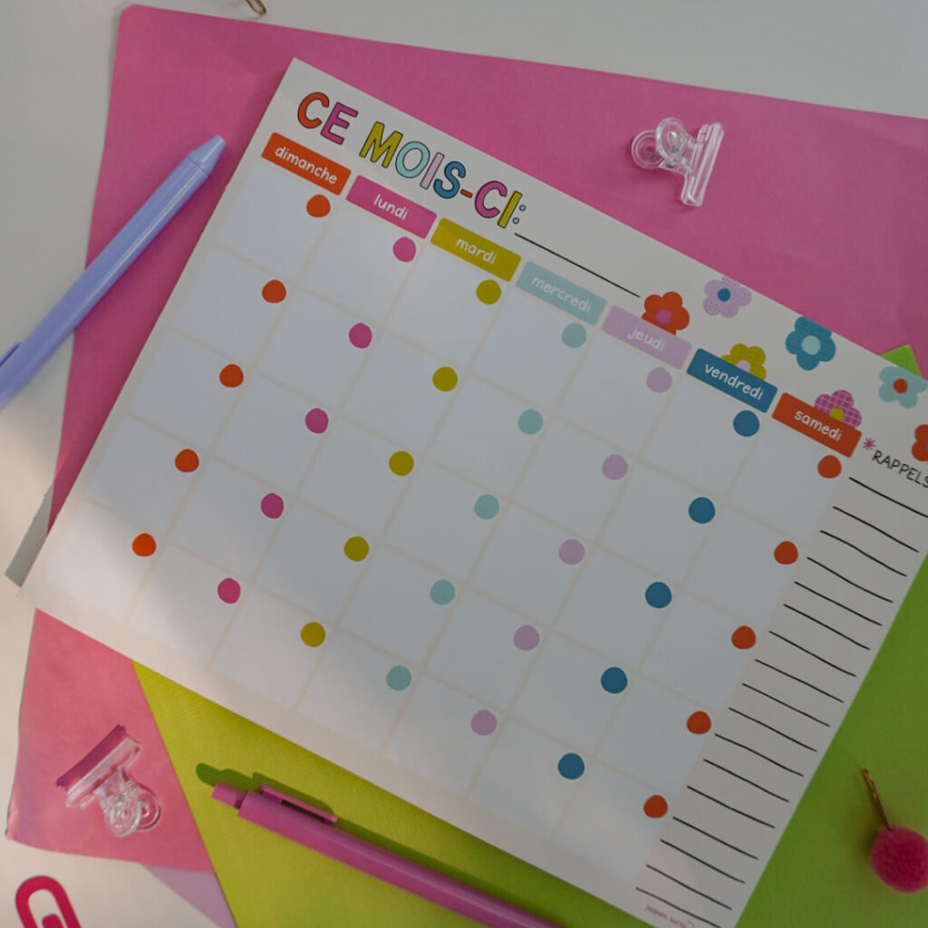 Calendrier mensuel coloré